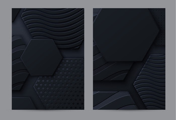Black honeycomb tiles. Brochure cover. Hexagon geometry pattern. Minimal black background of honeycomb for modern cover, ad baner, web.