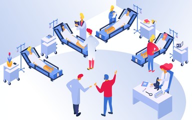 Medicine in hospital, treatment with doctors and patients during medics examination vector illustration. Medical clinic people procedures and doctors discussion of deseases and diagnosis.