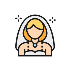 Bride, girl with veil flat color line icon.