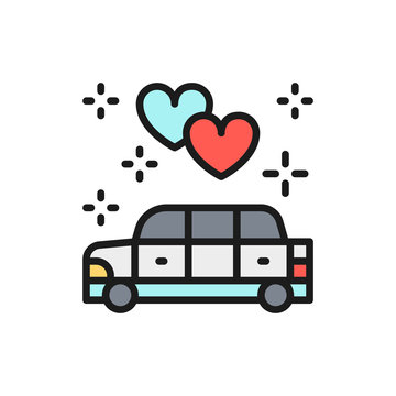 recommend clip art: Wedding car, limousine service flat color line icon.