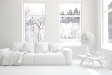 Fototapeta na wymiar Mock up of stylish living room in white color with sofa and winter landscape in window. Scandinavian interior design. 3D illustration