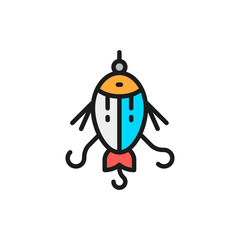 Fishing bait, float, lure, fish with hook flat color line icon.