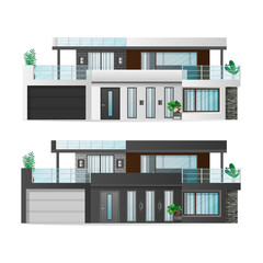 Set of modern two-story house isolated on a white background. Cottage with garage, town house with shadows. Architectural visualization of the cottage outside. Realistic vector illustration.