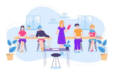 People reading and education concept with tiny women men, students and teacher with textbooks in class vector illustration. Reading books education concept.