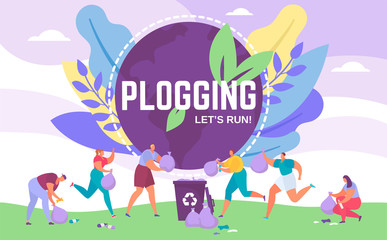 Plogging banner lets run to clear the world, vector illustration of people picking up litter during plogging eco marathon. Recycle while jogging eco activists movement for ecology protection.