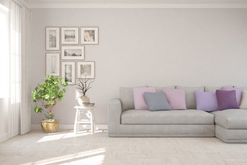Fototapeta na wymiar Modern living room in white color with purple sofa. Scandinavian interior design. 3D illustration