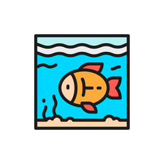 Fish in aquarium flat color line icon.
