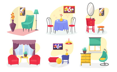 Room furniture modern interior set cartoon vector illustrations isolated on white. Armchairs, table, sofa, and commode in living room, house appartment with window collection.