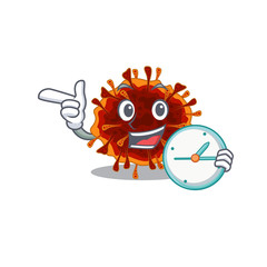 Cheerful delta coronavirus cartoon character style with clock