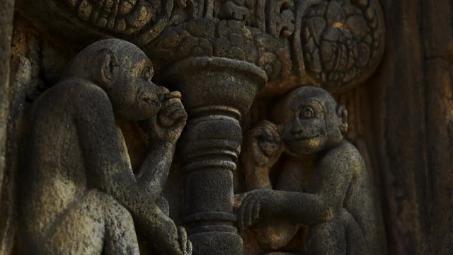 Details of Parambanan hindu temple, monkies, lions, concrete structures, Java Indonesia