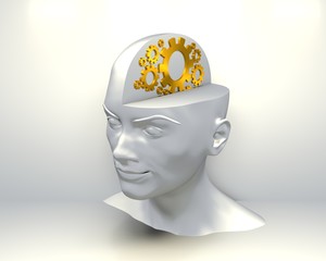 Open minded woman with golden gears as brains. 3D rendering
