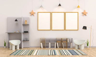 kid living room with frame for mockup and small chair 3d rendering