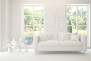 Mock up of stylish room in white color with sofa and green landscape in window. Scandinavian interior design. 3D illustration