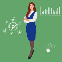 Illustration of a female manager in a business suit on a green background explains about the symptoms of a coronovirus