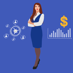 Illustration of a female manager in a business suit on a blue background explains about finances and coronovirus