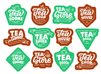 Set of vintage Tea drink emblems, stickers, patches. Color badges on white background isolated.