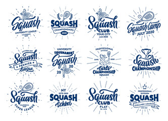 Set of vintage Squash emblems and stamps. Sport blue badges, stickers on white background with rays.