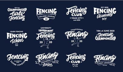 Fototapeta premium Set of vintage Fencing emblems, phrases. White badges, stickers on blue background isolated.