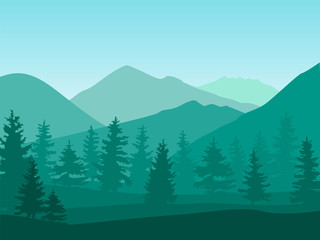 Vector illustration of a mountain landscape with a forest. Flat cartoon green color illustration for hike, track, camp. Outdoor and hiking concept. Template with mountains and trees silhouette.