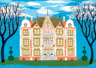 Fototapeta premium big house or mansion in the day with trees and clouds