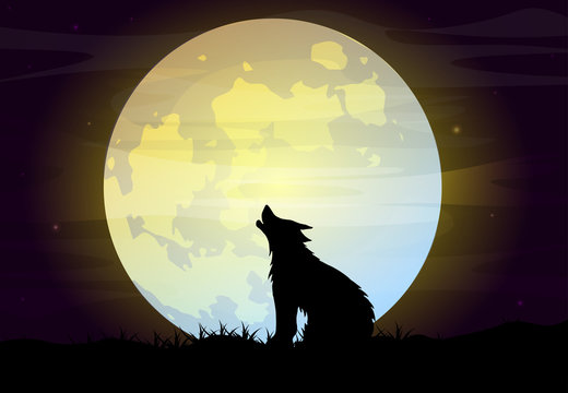 Night landscape with the moon and a howling wolf against the background of the starry sky and the huge moon.