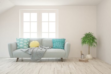 White living room with sofa. Scandinavian interior design. 3D illustration
