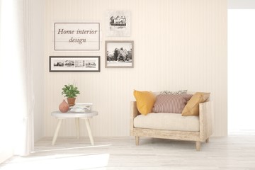 White living room with armchair. Scandinavian interior design. 3D illustration