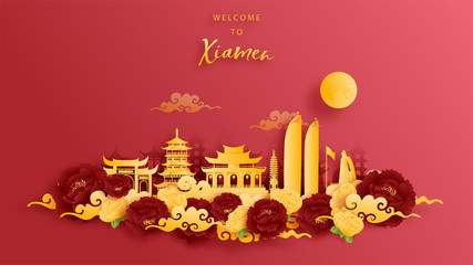 Xiamen, China world famous landmark in gold and red background. Paper cut vector illustration.