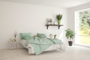 White bedroom with summer landscape in window. Scandinavian interior design. 3D illustration