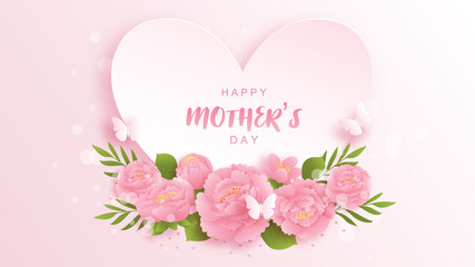 Happy mother's day background with colorful flowers and butterflies. Paper cut vector illustration.
