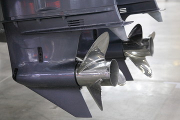 Double outboard motor boat installation, underwater gears with stainless steel opposite rotation...