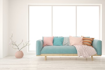 White living room with sofa. Scandinavian interior design. 3D illustration
