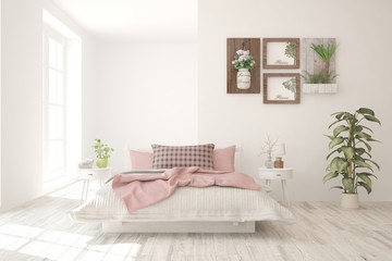 White bedroom interior. Scandinavian design. 3D illustration