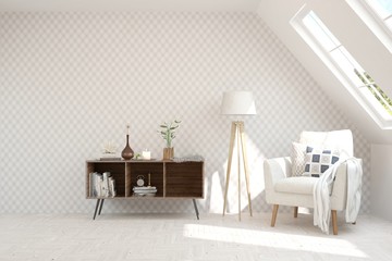 White living room with armchair. Scandinavian interior design. 3D illustration