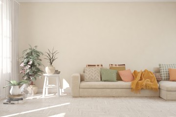 White living room with sofa. Scandinavian interior design. 3D illustration