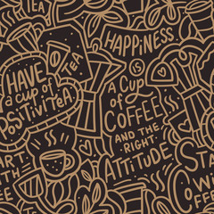 Coffee hand drawn doodle seamless pattern for packaging, textile, print. Modern doodle background with tea and coffee. - 331353865