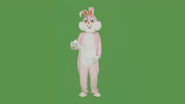 Easter Bunny or Rabbit fights destroys covid-19, coronavirus, virus, microb on Chroma key, green screen. Easter party 2020 cancelled