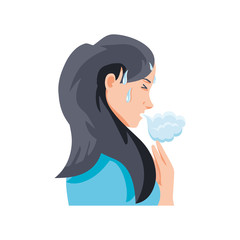 woman with cough on white background