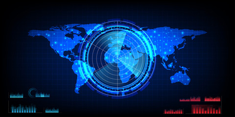 world map with a radar screen,digital blue radar with targets and world map using as background and wallpaper
