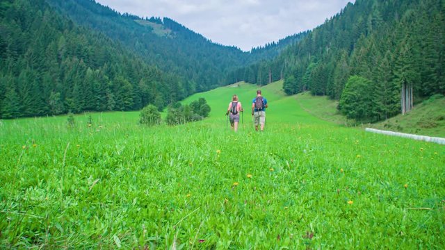 man and woman walk in an open field, surrounded by trees and mountains. Hiking adventure. Topla Valley, Slovenia