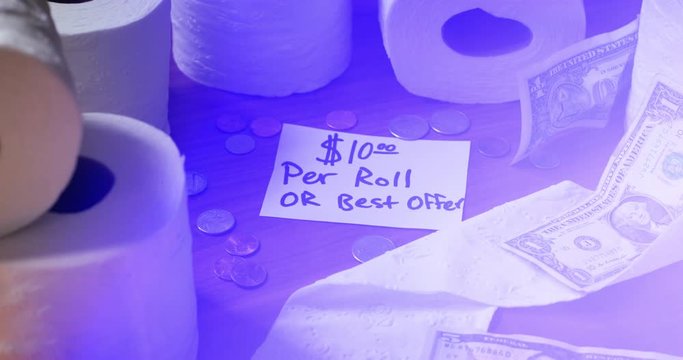 Toilet paper is sold for ten dollars ($10.00) a roll (US Currency) during the COVID-19 coronavirus quarantine social distancing experience in March 2020 due to price gouging and profiteering.