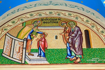 Beautiful mosaic showing the Presentation of Virgin Mary outside of a Christian orthodox church in Athens, Greece