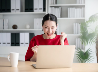 Excited female feeling euphoric celebrating online win success achievement result, young woman happy about good email news, motivated by great offer or new opportunity, passed exam, got a job