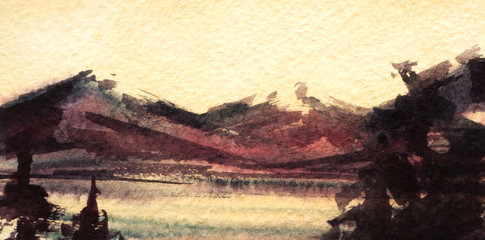 Romantic watercolor landscape. Dark mountains lit by soft light of setting sun and small lake surrounded by pines on background of tender yellow sky. Hand drawn summer illustration on textured paper