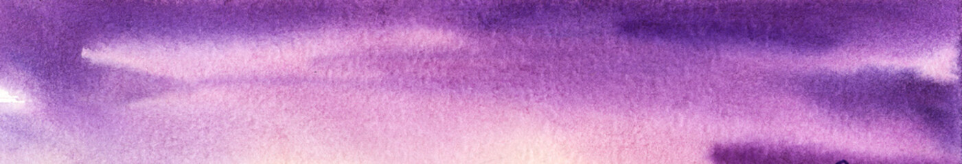 Fototapeta na wymiar Beautiful watercolor background in purple shades. Romantic dusk sky of delicate lilac color with purple fluffy heap clouds. Hand drawn illustration on paper texture of overcast sunset heaven