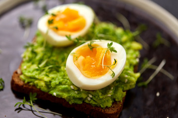 food, eating and breakfast concept - toast bread with mashed avocado, eggs and greens on ceramic plate