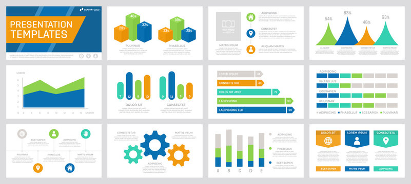 Set of grey, orange, turquoise, green and blue elements for multipurpose presentation template slides with graphs and charts.