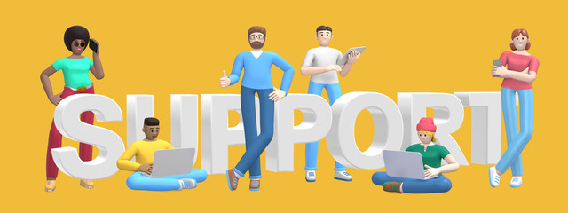 Group of young multiethnic successful people with laptop, tablet, phone and word support on yellow background. Horizontal banner cartoon character and text website slogan. 3D rendering.