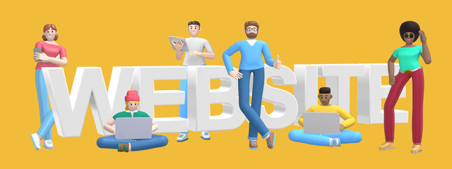 Group of young multiethnic successful people with laptop, tablet, phone and word website on yellow background. Horizontal banner cartoon character and text website slogan. 3D rendering.
