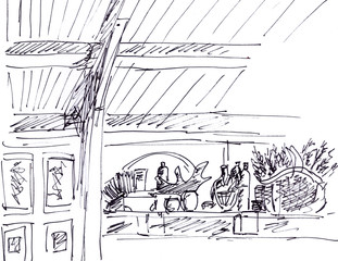 graphic black and white linear drawing cafe interior with wooden ceiling and beams
